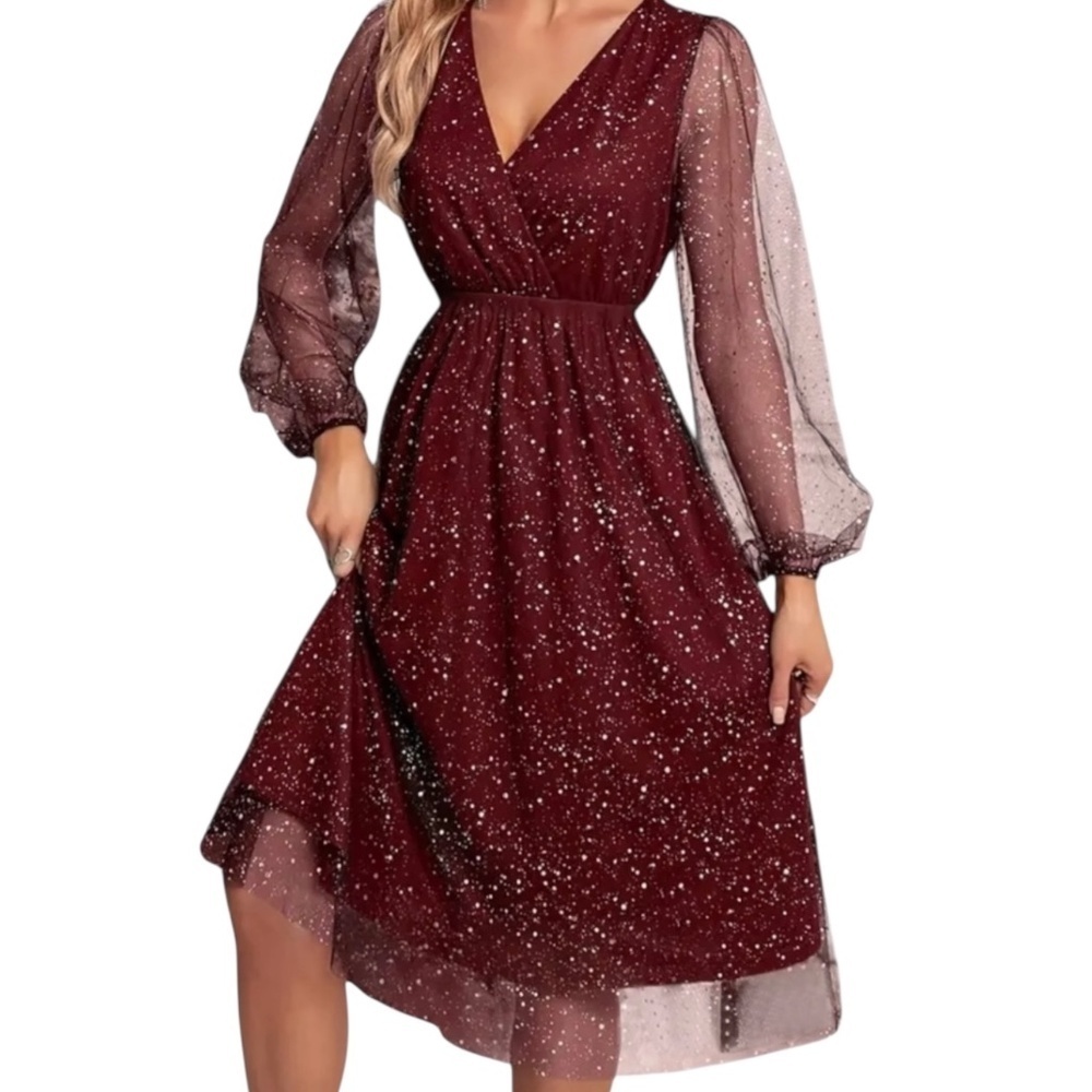 Women’s Shiny Mesh Lantern Sleeve Dress - Picture 6 of 13